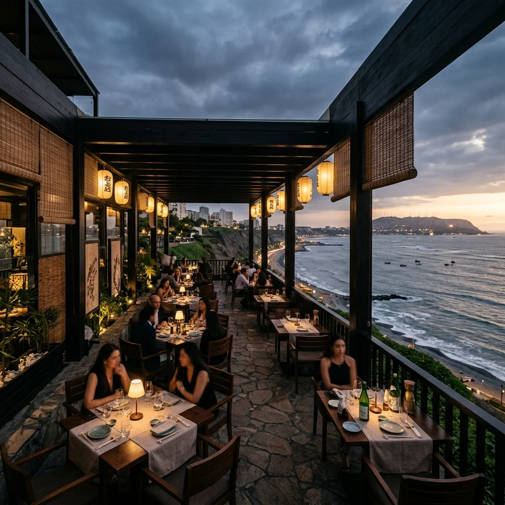 Restaurante elegante Nikkei con vista a la costa de Lima